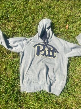 Pitt Script Hooded Sweatshirt in Grey with Navy & Gold Logo